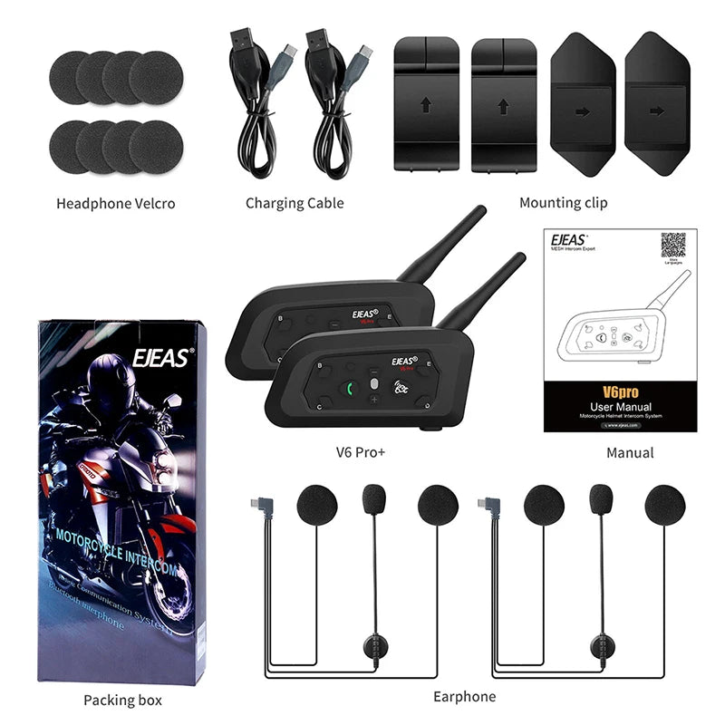 EJEAS V6PRO+ Helmet Bluetooth Intercom - 1200m Range, 6 Riders