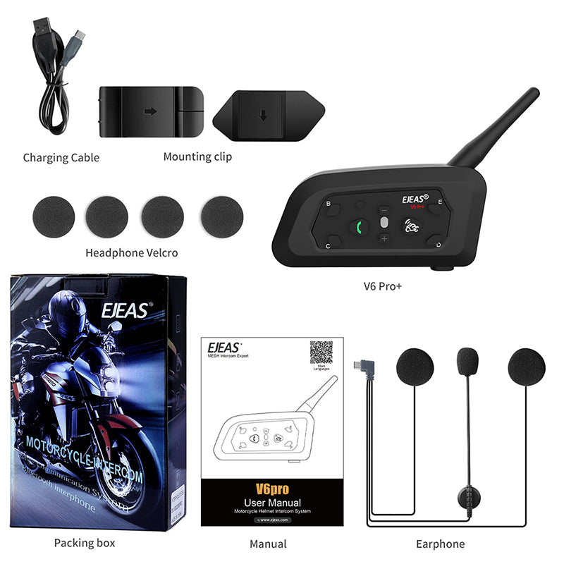 EJEAS V6PRO+ Helmet Bluetooth Intercom - 1200m Range, 6 Riders