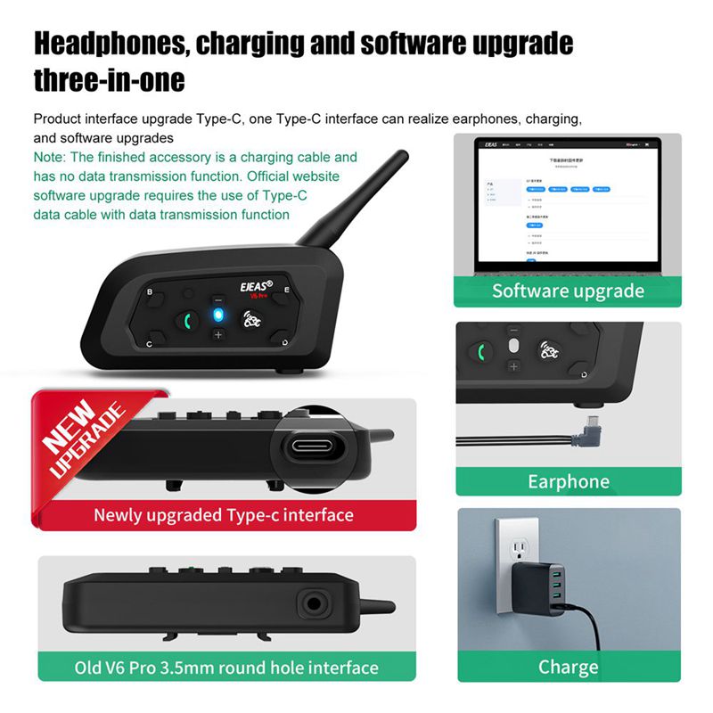 EJEAS V6PRO+ Helmet Bluetooth Intercom - 1200m Range, 6 Riders