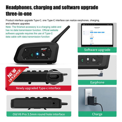 EJEAS V6PRO+ Helmet Bluetooth Intercom - 1200m Range, 6 Riders